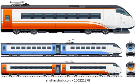 Passenger train in vector (Train #1). Pixel optimized. Elements (locomotives, carriages, rails) are in the separate layers. In the side, back and front views.