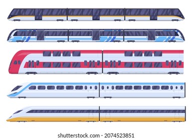 Passenger trains modern railway carriage set vector flat illustration. Collection contemporary railroad express machinery people delivery movement transportation isolated. Urban travel subway