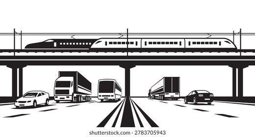 Passenger trains overpass highway – vector illustration