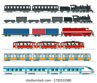 Passenger trains. Subway train, high speed trains, steam train. Illustration vector