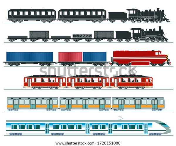 Passenger trains. Subway train, high speed trains,\
steam train. Illustration\
vector