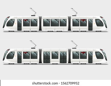 Passenger Tram Train, Streetcar. Modern Urban Tramcar. City Electric transport Isolated on white