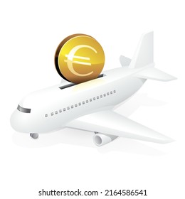 Passenger transport airliner with a slot or a gold coin with the symbol of the euro currency is inserted like a piggy bank