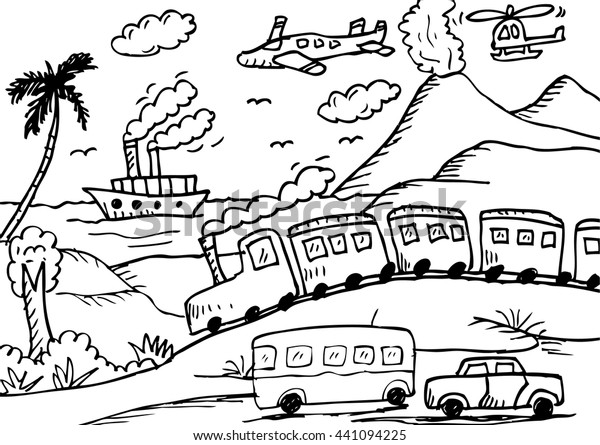 Passenger\
transport with background. Doodle\
Style.