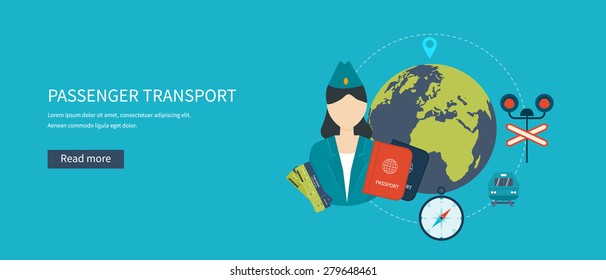 Passenger transport concept. Train on railway. Flat icons vector illustration.
