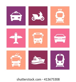 Passenger transport icons, public transportation vector, bus, subway, taxi, airplane, ship, simple icons on squares
