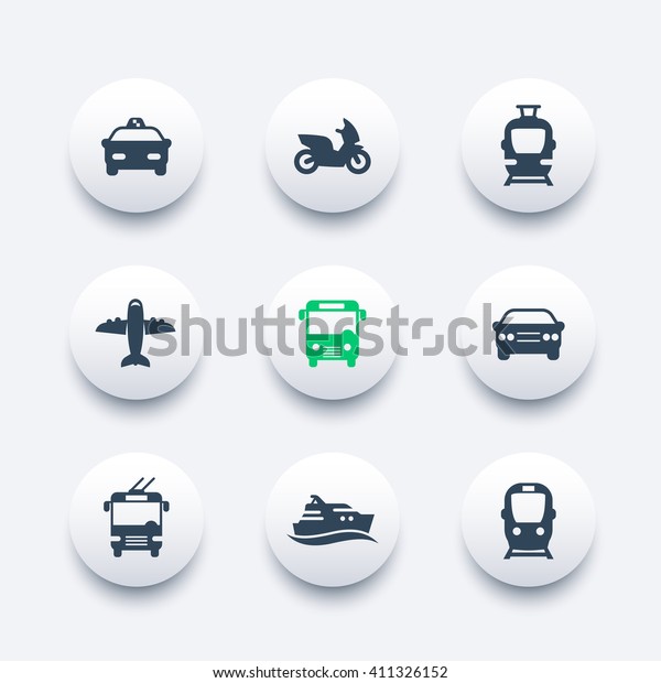 Passenger transport icons, public\
transportation vector, bus, subway, tram, taxi, airplane, ship,\
round modern icons set, vector\
illustration