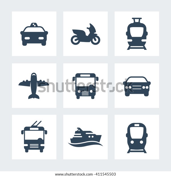 Passenger transport icons, public\
transportation vector, bus, subway, car, taxi, airplane, ship,\
simple icons isolated on white, vector\
illustration