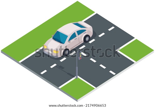 Passenger transport moves along road of\
city. Vehicle for transporting people on crossroad. Automobile\
driving on highway of town. White car on road with marking,\
dividing line vector\
illustration