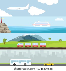 Passenger transport on the background of the landscape. Fly by plane, sail on a ship, ride a train, ride an atomus. Public transport. Flat design, vector illustration, vector.