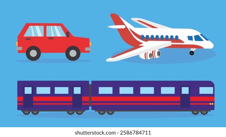 Passenger transport. Passenger plane, train, bus, train. Vector illustration