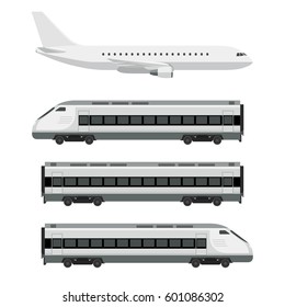 Passenger transport. Plane with train on white background. Vector flat illustration