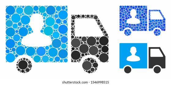Passenger transport van composition of small circles in variable sizes and shades, based on passenger transport van icon. Vector filled circles are grouped into blue composition.