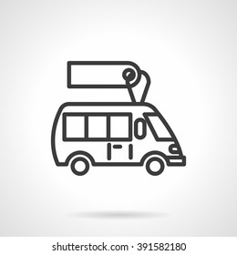 Passenger transportation car. Minibus with blank price tag. Automobile business. Simple black line vector icon. Single element for web design, mobile app.