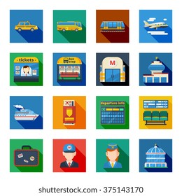 Passenger transportation flat square icons set with public transport and employees of metro and air terminal isolated vector illustration  