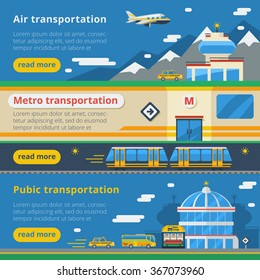 Passenger transportation horizontal banners set of air metro and public transport compositions flat vector illustration 