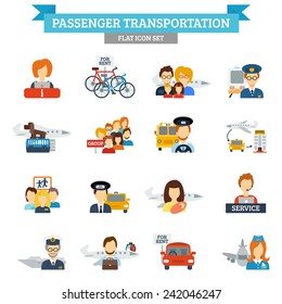 Passenger transportation icon flat set with transport drivers and passengers isolated vector illustration