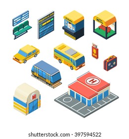 Passenger transportation isometric icons set of taxi bus tram subway station waiting hall with departure scoreboard isolated vector illustration