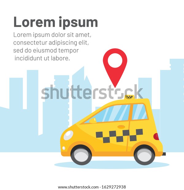 Passenger transportation\
service concept with little yellow taxi car in city. Advertising\
banner or flyer