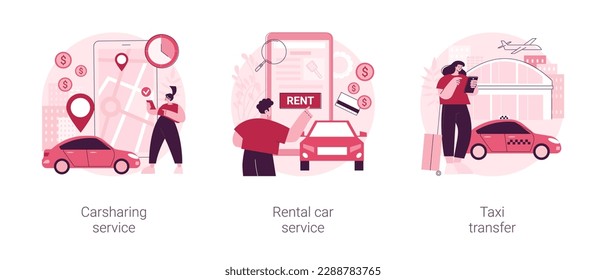 Passenger transportation services abstract concept vector illustration set. Carsharing service application, rental car, taxi transfer, business class, hourly payment, driving abstract metaphor.