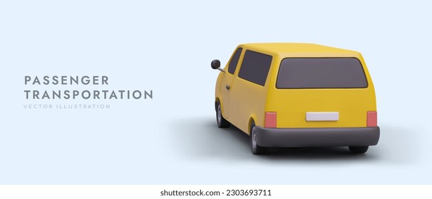 Passenger transportation, vector illustration. Roomy, comfortable car for traveling over various distances. Realistic image of car from behind. Advertising template on blue background, place for text