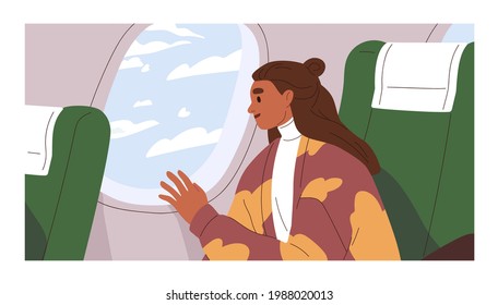 Passenger traveling by air plane, looking outside porthole at sky with clouds. Happy woman sitting by window in aircraft. Female tourist in airplane. Colored flat vector illustration of traveler.