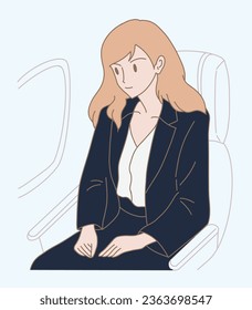 Passenger travelling by airplane, sitting in a seat, looking outside the window, going for business trip, vacation. Hand drawn flat cartoon character vector illustration.