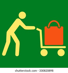 Passenger Trolley vector icon. Style is flat bicolor orange and yellow symbol, rounded angles, green background.