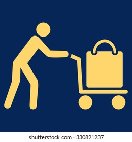 Passenger Trolley vector icon. Style is flat yellow symbol, rounded angles, blue background.