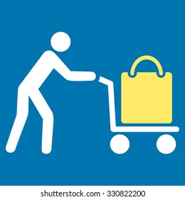 Passenger Trolley vector icon. Style is flat bicolor yellow and white symbol, rounded angles, blue background.
