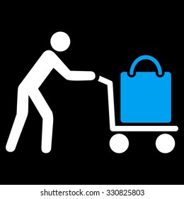 Passenger Trolley vector icon. Style is flat bicolor blue and white symbol, rounded angles, black background.