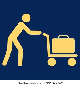 Passenger Trolley vector icon. Style is flat yellow symbol, rounded angles, blue background.