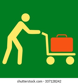 Passenger Trolley vector icon. Style is flat bicolor orange and yellow symbol, rounded angles, green background.