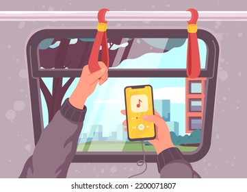 Passagiere, die Mobiltelefone innerhalb des Transports benutzen. Die Hände der Person halten Smartphone-Zelle, Bus, Straßenbahn oder Zuggriff. Öffentlicher Nahverkehr, Stadtfahrzeug, Online-Kommunikation, Vektorgrafik 