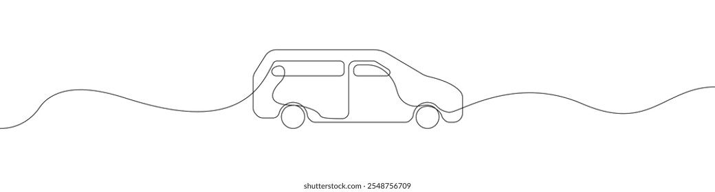 Passenger van icon line continuous drawing vector. One line Minivan icon vector background. Passenger van icon. Continuous outline of a Minivan.