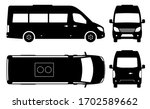 Passenger van or minibus silhouette on white background. Vehicle icons set view from side, front, back and top