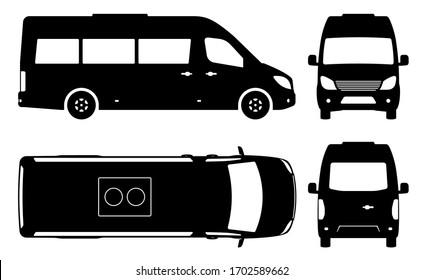 Passenger van or minibus silhouette on white background. Vehicle icons set view from side, front, back and top
