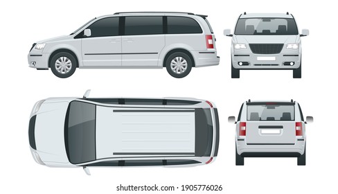 Passenger Van Or Minivan Car Vector Template On White Background. Compact Crossover, SUV, 5-door Minivan Car. View Front, Rear, Side, Top.