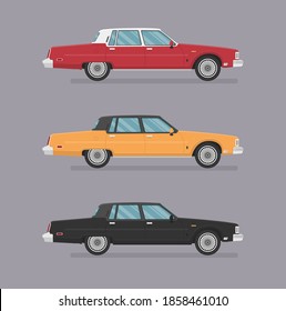 Passenger vintage
rural color sedan car. Car side view. Flat cartoon isolated illustration.