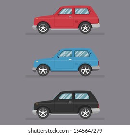 Passenger Vintage 
Rural Colour 4x4. Car Side View. Flat Cartoon Isolated Illustration. 