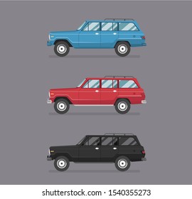 Passenger vintage 
rural colour SUV. Car side view. Flat cartoon isolated illustration.