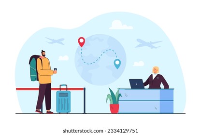 Passenger waiting for flight vector illustration. Happy tourist holding passport and suitcase, talking to airport staff at check-in counter. International travel, summer concept