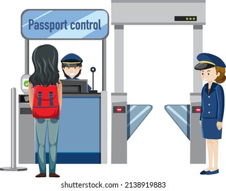 A passenger waiting at passport control counter with security officer illustration
