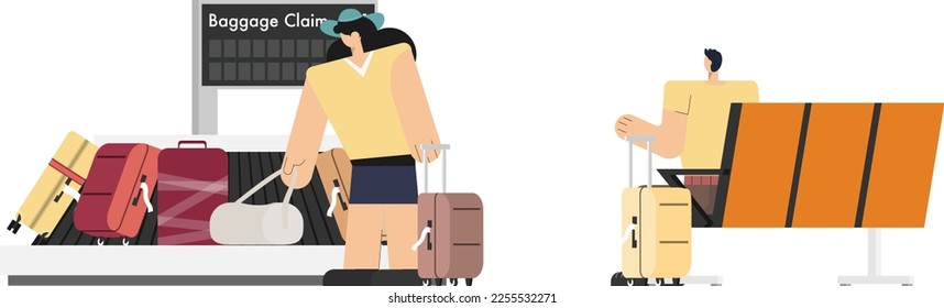 passenger waiting and relaxing on lounge chair and collect luggage from luggage conveyor belt in airport terminal