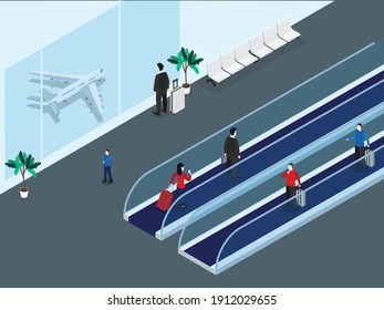 Passenger walking on the long horizontal escalator at international airport terminal while carrying luggage. Isometric vector concept