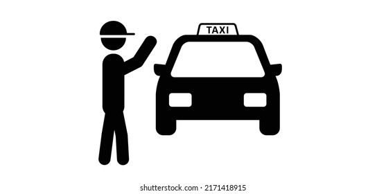 Passenger waving taxi in the city. Stickman, stick figure wait for a taxi cab. Waiting for taxis or man hailing taxi car. Taxi service. Cartoon, tourism and business travel. Thumb up, hitchhiking.