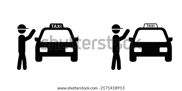 Passenger waving taxi in the city. Stickman,\
stick figure wait for a taxi cab. Waiting for taxis or man hailing\
taxi car. Taxi service. Cartoon, tourism and business travel. Thumb\
up, hitchhiking.
