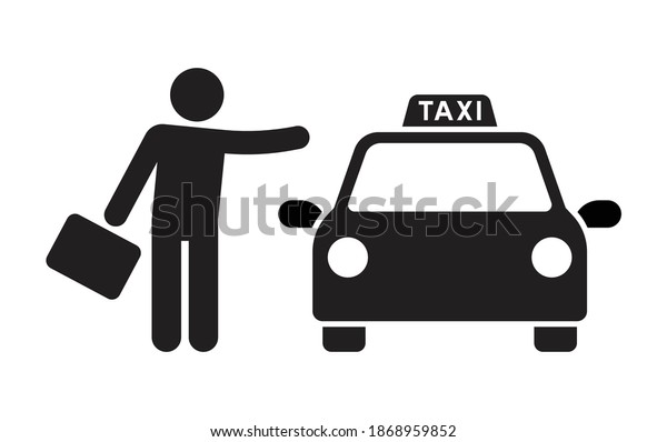 Passenger\
waving taxi with suitcase, Taxi sign silhouette icon symbol,\
Pictogram flat design, Vector\
illustration