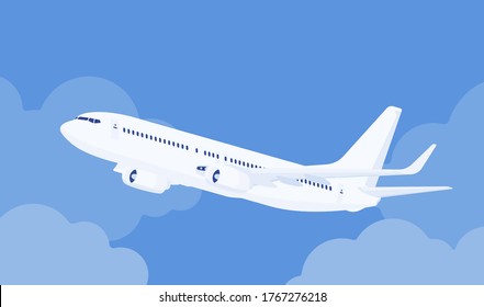 Passenger white plane taking off, airline aircraft departure, leaving the ground for flight. Airport business vehicle sky travel jet or holiday aviation tourism. Vector flat style cartoon illustration