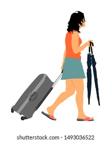 Passenger woman with bag luggage walking to airport vector. Traveler girl with umbrella go home. Lady carry rolling suitcase baggage. Tourist people with cargo load waiting taxi to holiday. Refugee